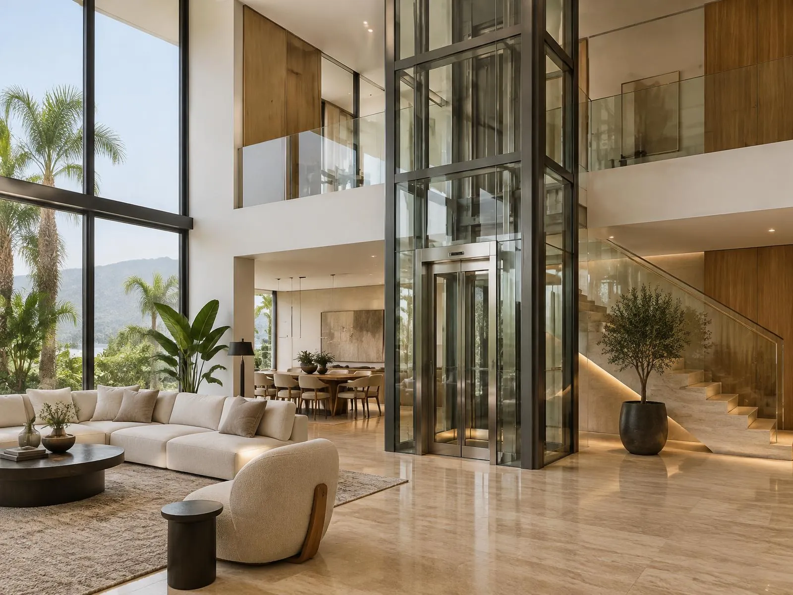 Elevador residencial panorâmico em vidro integrado a uma sala de pé-direito duplo